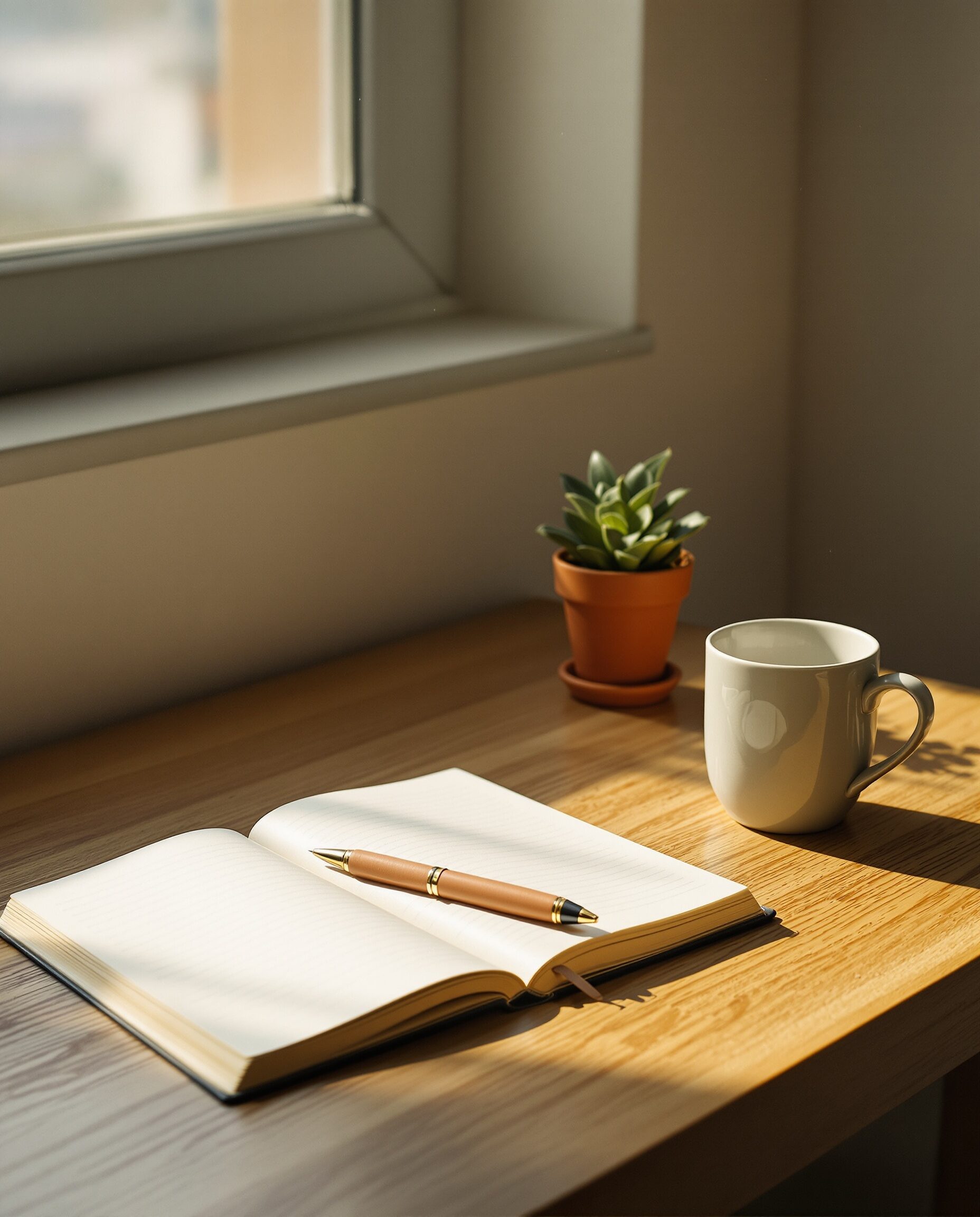 A quiet workspace with natural light, a plant, and a notebook