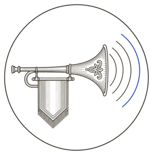 The Clarion mark: an engraved herald trumpet with a banner, sounding outward