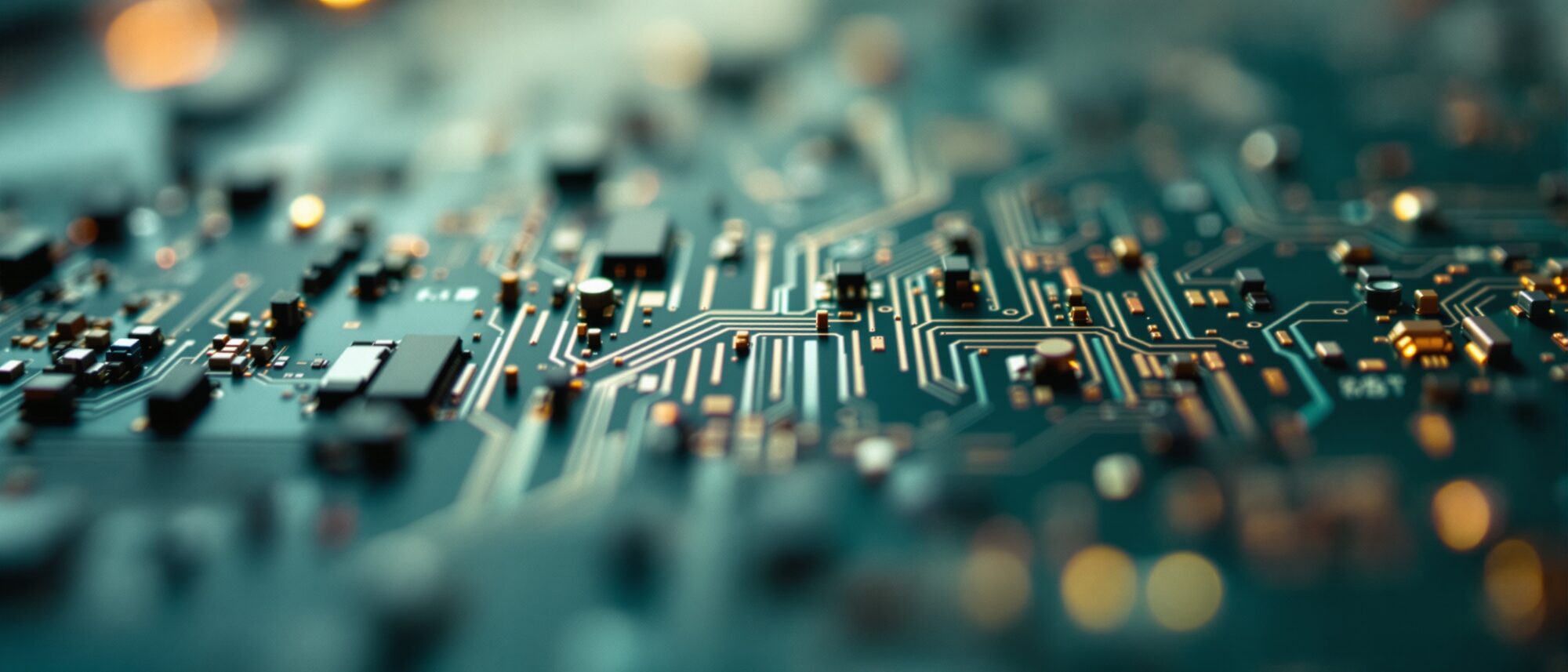 A macro view of a circuit board with cool indirect light
