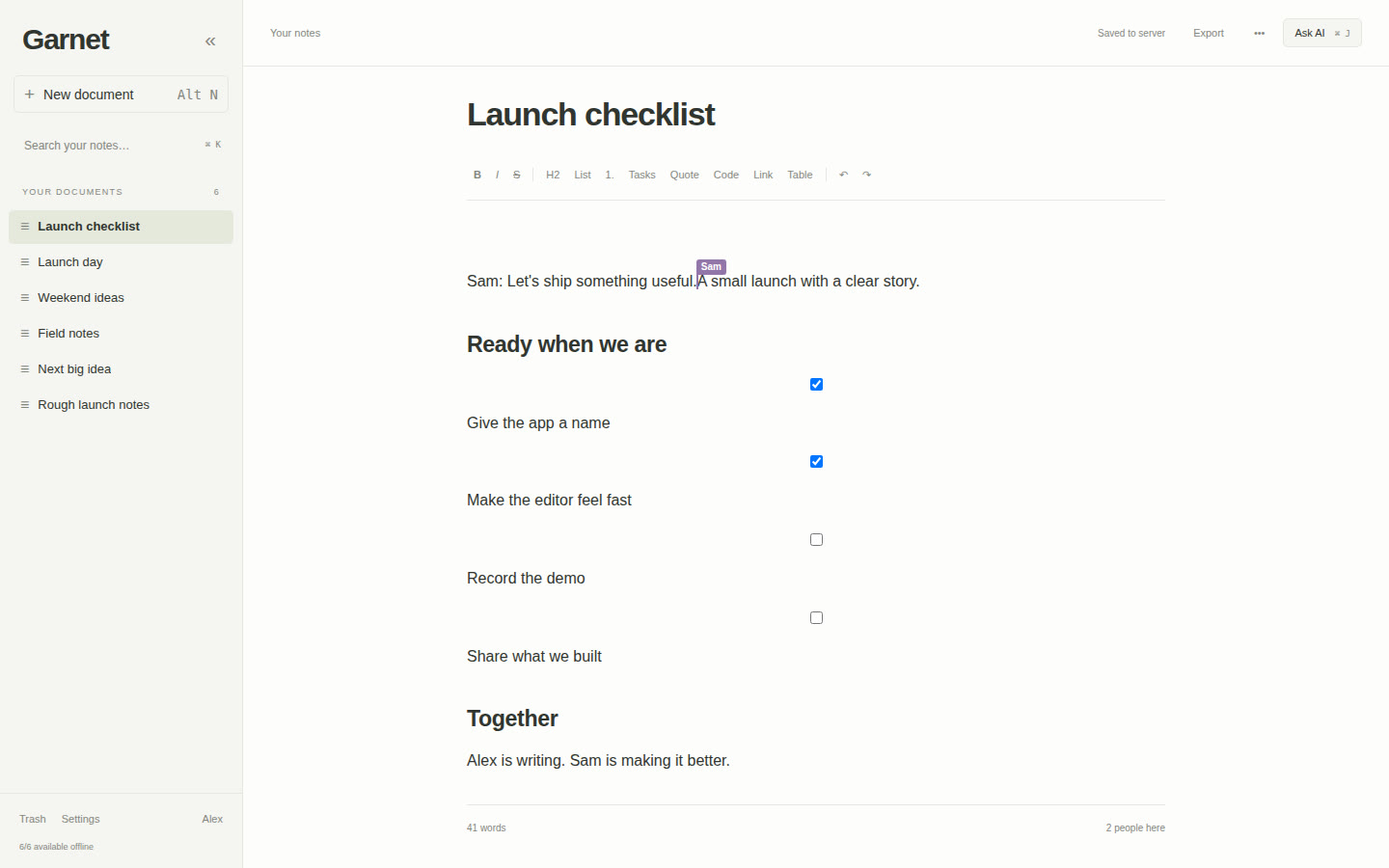 Two people editing the same Garnet launch checklist, with a named live cursor showing where the other person is typing