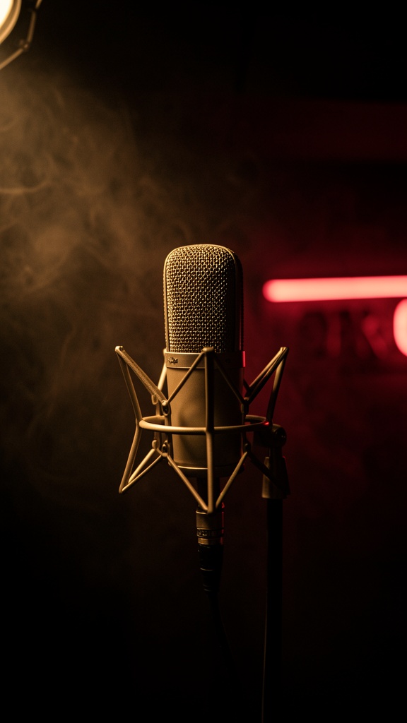 A studio microphone in a smoky room, lit by warm light and a red neon glow