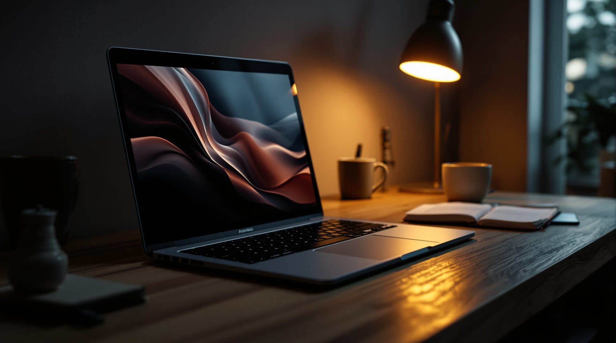 A laptop terminal at low light, warm glow on a wooden desk