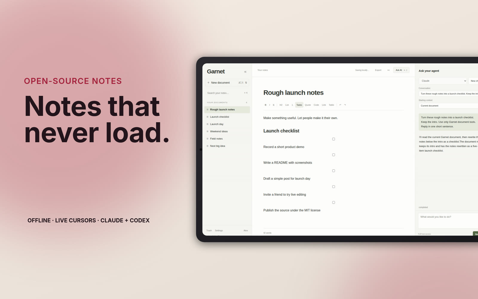 Garnet, fast open-source shared notes with Claude and Codex agents