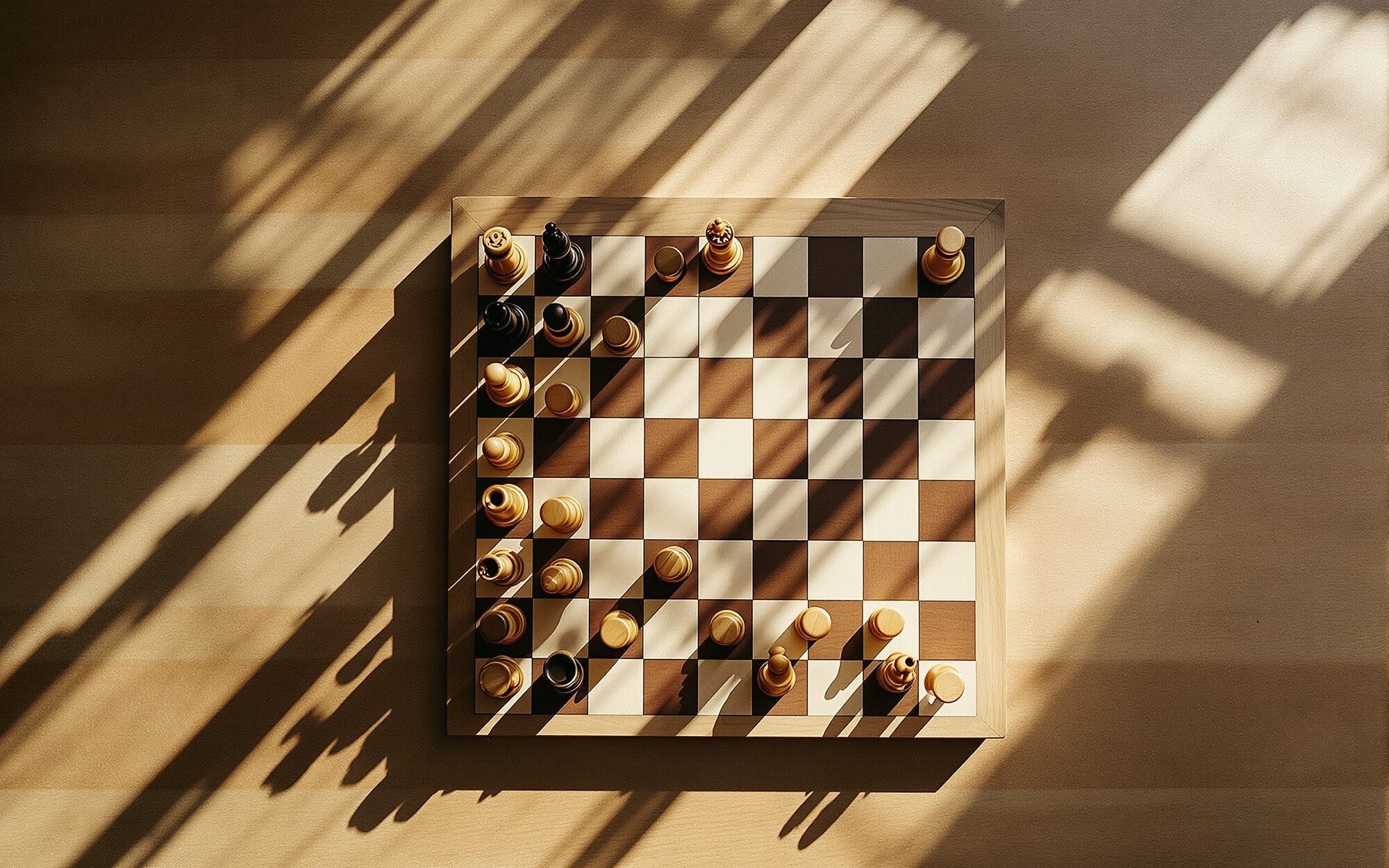 A chess board photographed from above in soft daylight