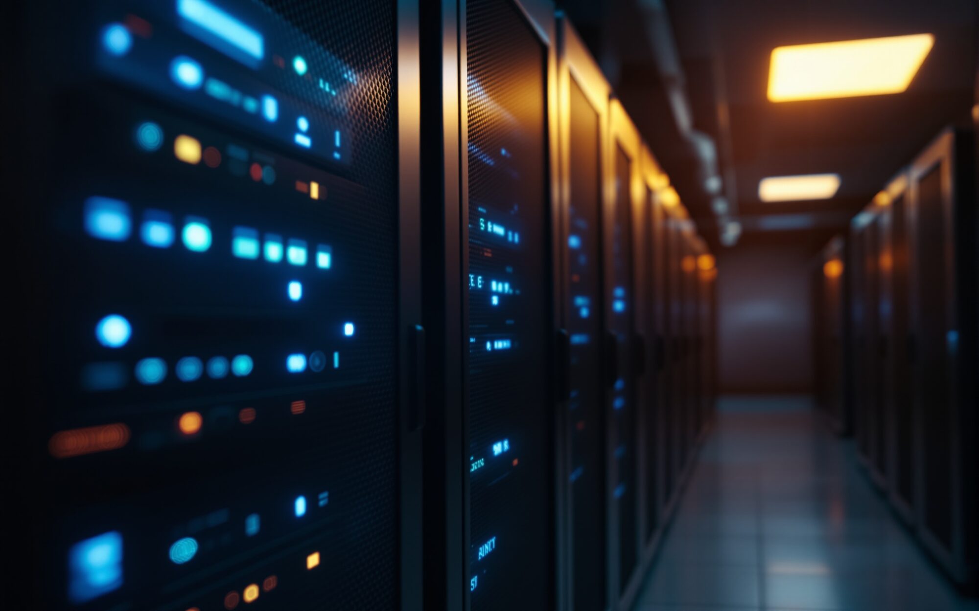 A row of server hardware in a quiet, dimly-lit room