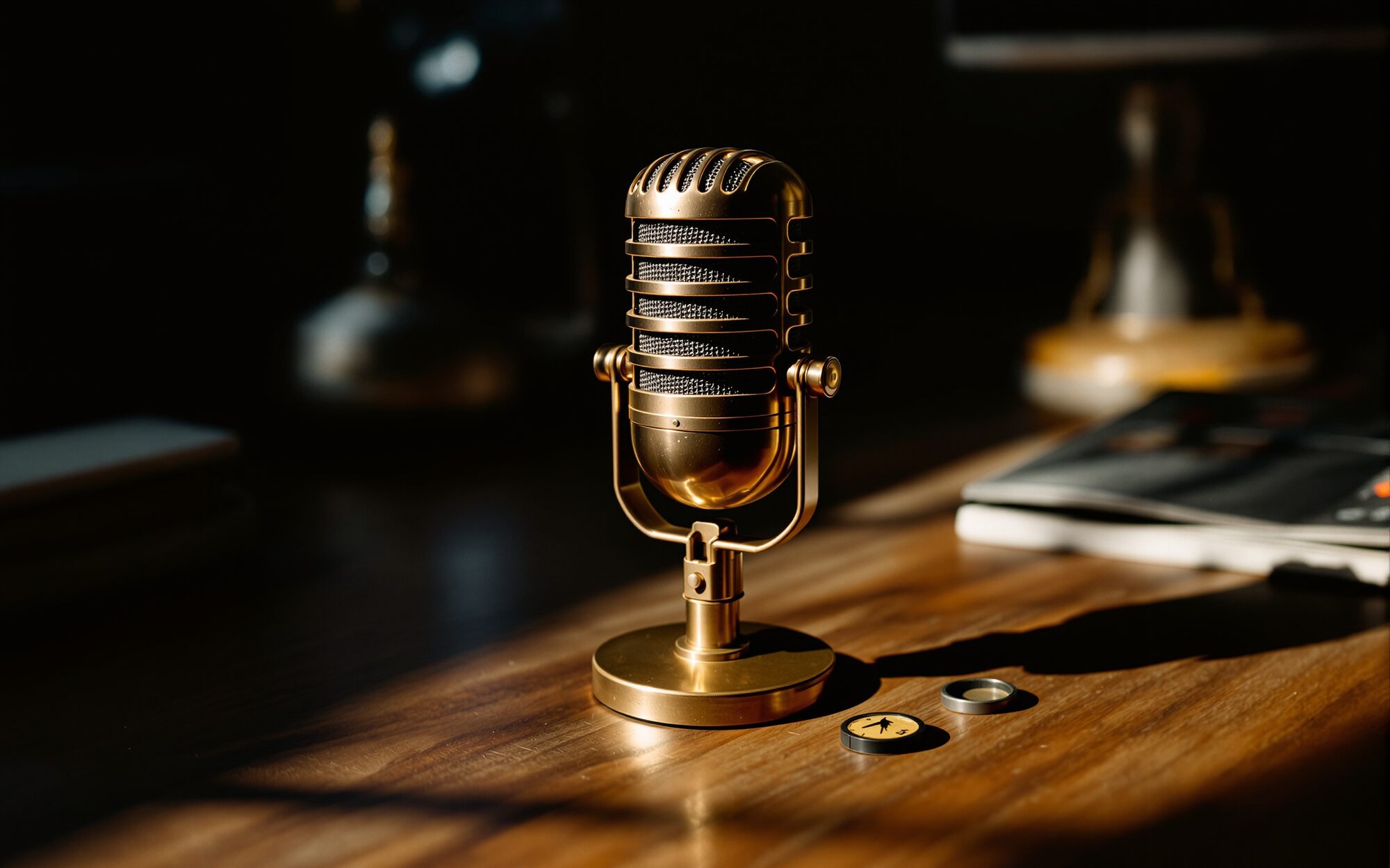 A close-up of a microphone with warm side lighting