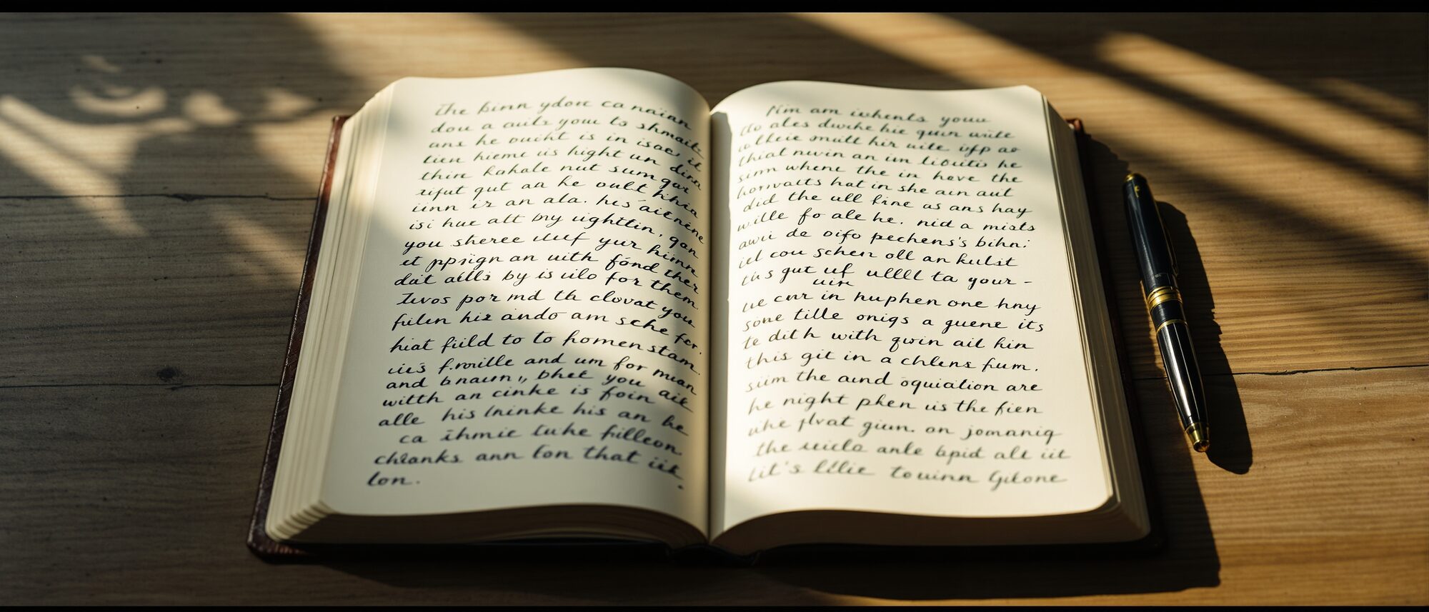 A close-up of an open notebook with words in several languages under warm light